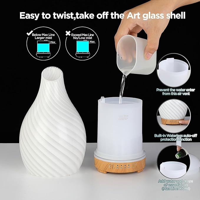 INRORANS Art Glass Essential Oil Diffuser - 160ml Ultrasonic Cool Mist Scent Aroma Aromatherapy Diffuser, Intermittent with Auto Shut-Off Timer Setting &7 Colors Night Light for Home -Ethereal Time