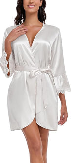 Lace Trim Satin Robes for Women Bride Bridesmaid Silky Kimono Robe Valentines Lingerie with Bell Sleeves