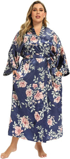 Women's Floral Long Satin Robes Plus Size Long Silk Robes Peacock Floral Kimonos Sleepwear Dressing Gown
