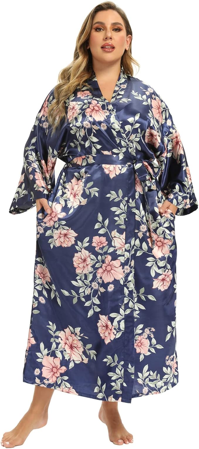 Women's Floral Long Satin Robes Plus Size Long Silk Robes Peacock Floral Kimonos Sleepwear Dressing Gown