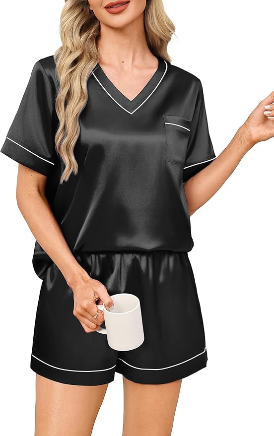 WIHOLL Silk Pajamas for Women Short Sleeve Sleepwear Soft Lounge Sets 2 Piece Satin Pjs