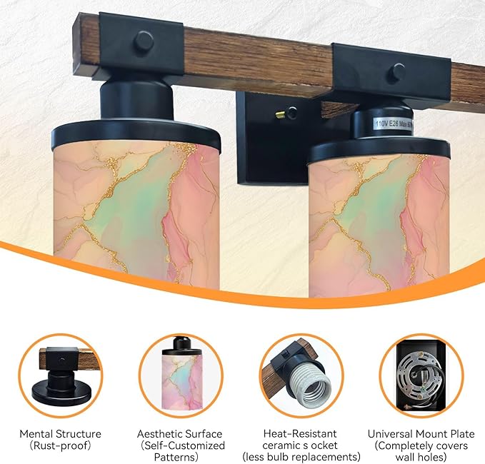 Vanity Lights for Bathroom Wall Lights for Bedroom Living Room Pastel Pink Blue Marble Texture Gold Veins Abstract Art Modern Bathroom Light Fixtures Wall Sconces 3 Light Home Decor