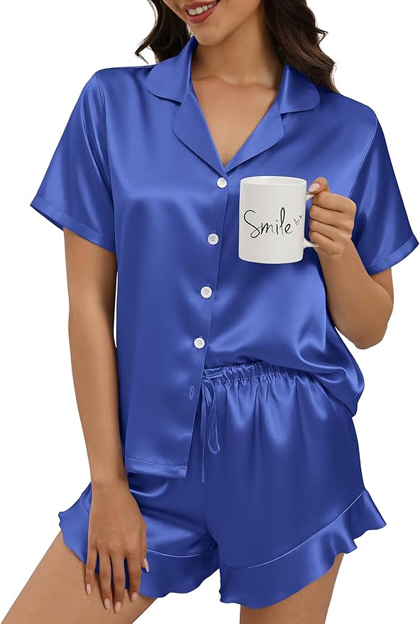 Silk Pajamas for Women Button Down 2 Piece Satin Pjs Shorts Set Ruffle Notch Collar Sleepwear Loungewear