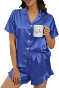 Silk Pajamas for Women Button Down 2 Piece Satin Pjs Shorts Set Ruffle Notch Collar Sleepwear Loungewear