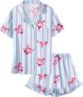Umeyda Girls & Women Satin Pajamas Set Button Down 2 Piece Silk Pjs Shorts Set Ruffle Sleepwear, 5 Years-Women L