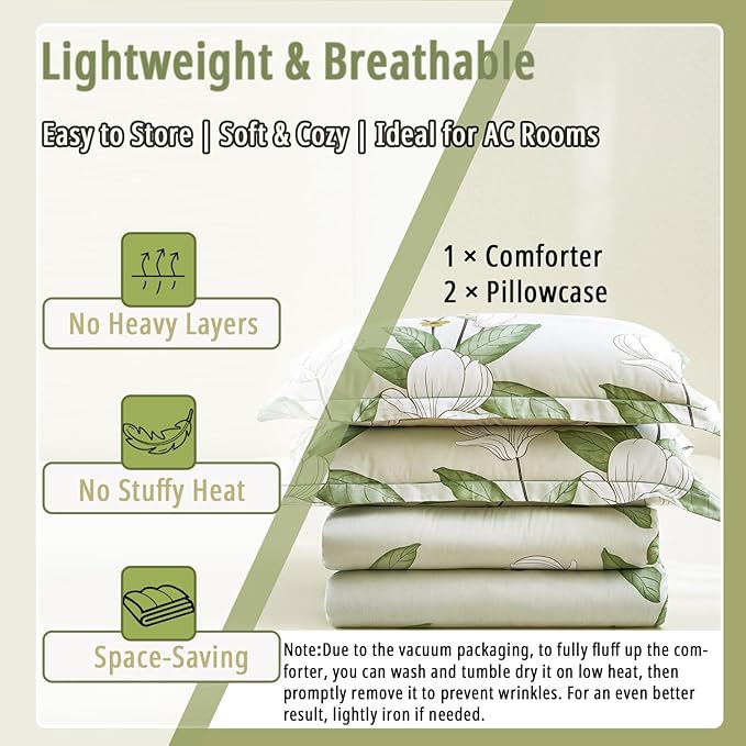 ALEISSEL Pale Moss Green Botanical Cotton Comforter King Size - 3PC Lightweight Bedding Sets with Ultra-Soft Alternative Fill, Floral Design with Leaf & White Magnolias (1 Comforter, 2 Pillowshams)