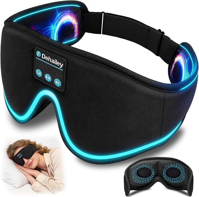 Sleep Mask with Bluetooth Headphones, 100% Light Blocking Sleep Headphones for Side Sleepers Men Women, Eye Mask with Thin Stereo Speakers, Soft Eye Cover for Travel Gift