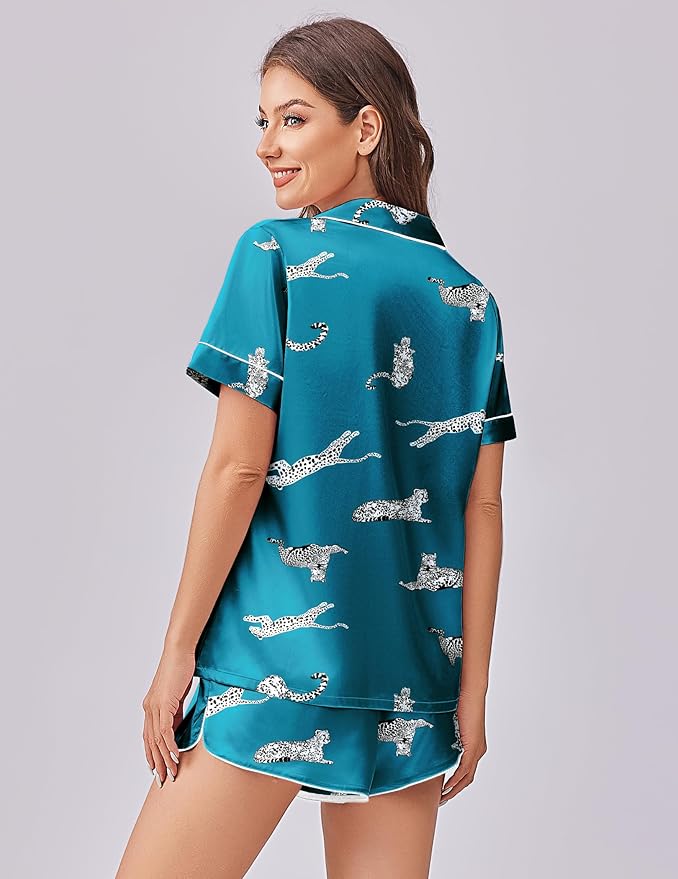 Ekouaer Womens Silk Satin Pajama Set Print Short Sleeve Sleepwear Button Down Pjs Shorts Set Loungewear