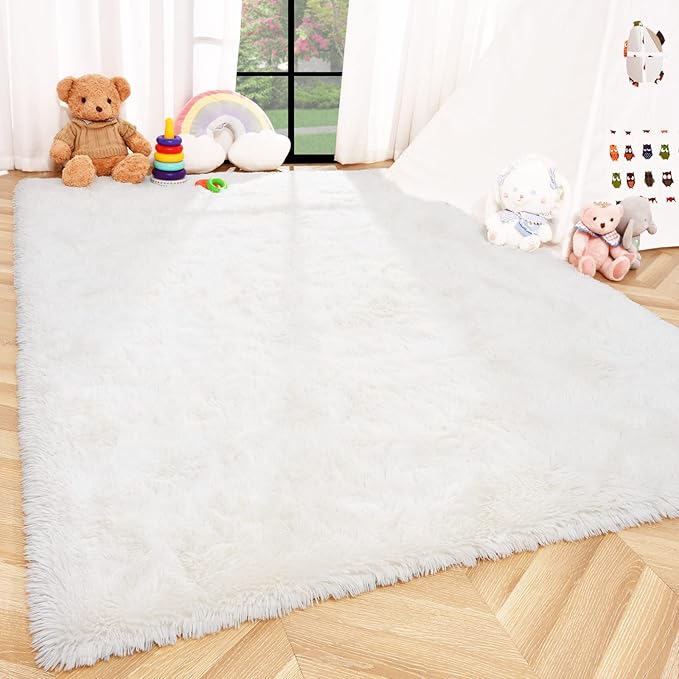 ISEAU Fluffy Rug Carpets Soft Shaggy Area Rugs Indoor Floor Mats for Kids Room Fuzzy Carpet Comfy Cute Nursery Mat Bedside Rug for Boys Girls Bedroom Living Room Home Decor, 3ft x 5ft,Cream White