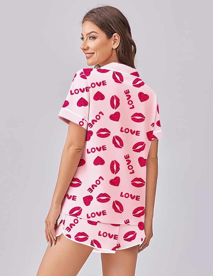 Ekouaer Womens Silk Satin Pajama Set Print Short Sleeve Sleepwear Button Down Pjs Shorts Set Loungewear