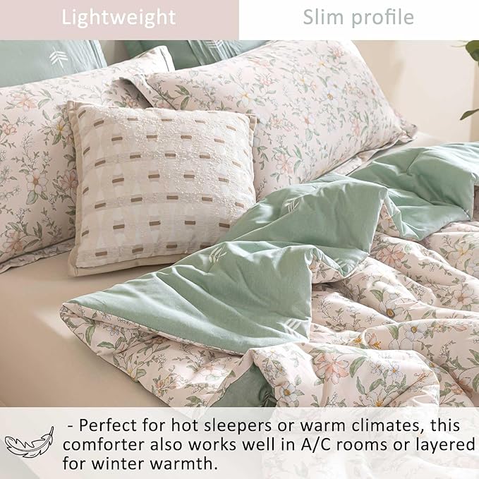 ALEISSEL Faded Blush Floral Cotton Comforter Queen Size - 3PC Lightweight Bedding Sets with Soft Alternative Fill, Vintage-Inspired Delicate Botanical Patterns, Muted Sage Reversible Design