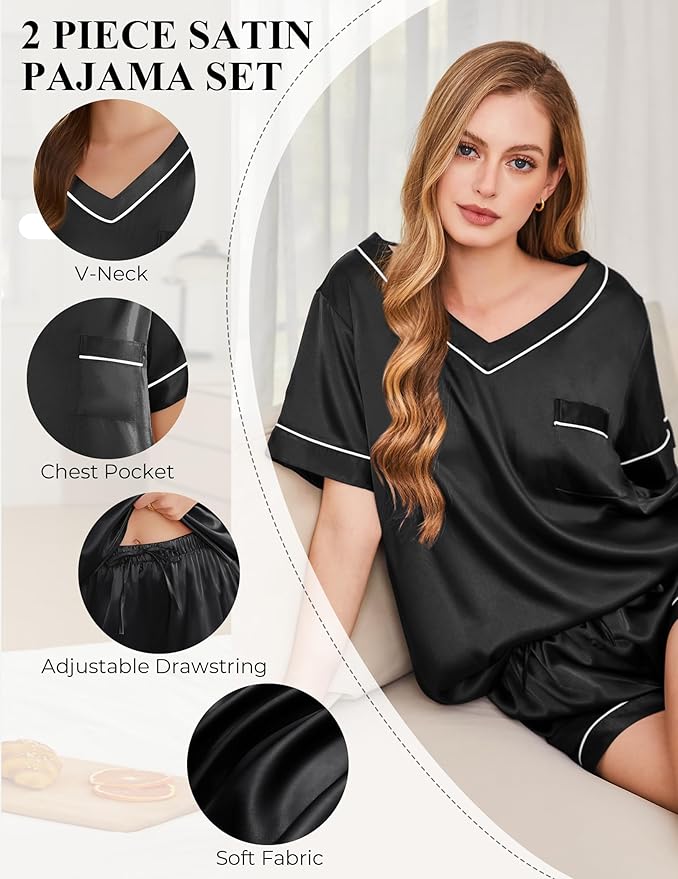 Silk Pajamas for Women Short Sleeve Satin 2 Piece Pj Set Soft V Neck Sleepwear Loungewear, S-XXL