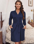 Ekouaer Women‘s Robes Lightweight 3/4 Sleeve Short Knit Bathrobe Soft Knee Length Sleepwear Robes with Pockets S-XXL