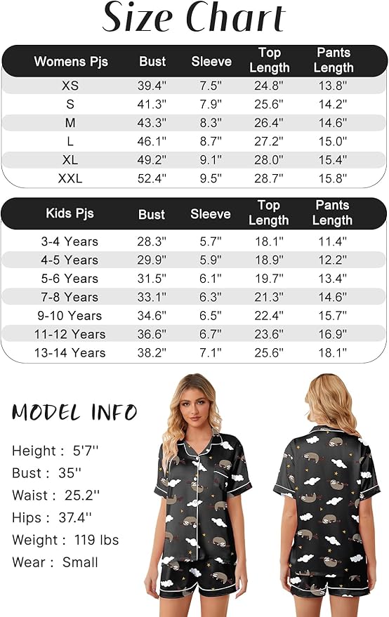 Girls & Womens Satin Pajamas Set, Silk Button-Down Sleepwear 2 Piece Nightwear, 3 Years - Women XXL