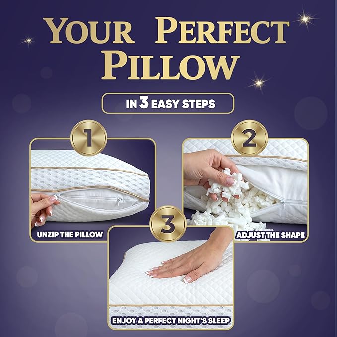 Royal Therapy King 4 Pack Memory Foam Pillow, Adjustable Shredded Odor-Free Cut-Out Bed Pillow for Neck & Shoulder Pain Relief, Breathable Support for Back, Stomach, Side Sleepers, BioForm