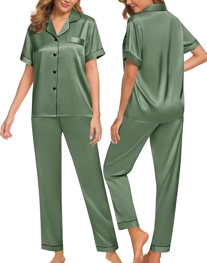 SWOMOG Women Satin Pajamas Set Short Sleeve Top & Pants Sleepwear Silky Button Down Nightwear 2pcs Loungewear Pjs Set