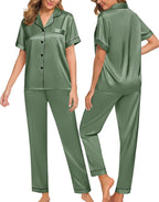 SWOMOG Women Satin Pajamas Set Short Sleeve Top & Pants Sleepwear Silky Button Down Nightwear 2pcs Loungewear Pjs Set