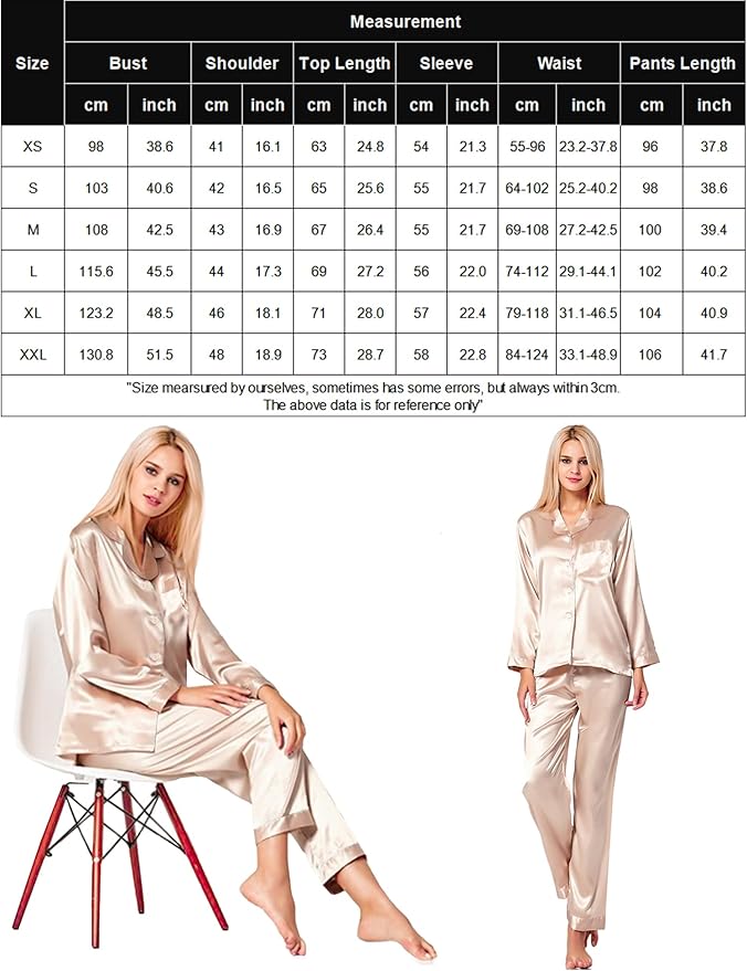 SWOMOG Long Sleeve Pajamas Set Silk Satin Sleepwear Button Down Pjs Loungewear with Pocket