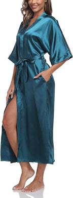 Women's Silk Robes Soft Long Satin Kimono Bathrobe Bride Bridesmaid Wedding Party Robes Sexy Sleepwear with Pockets
