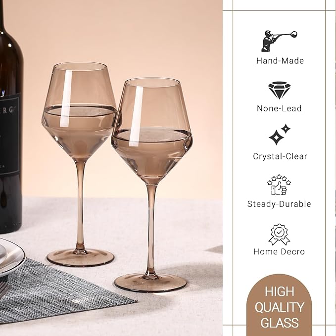 Smokey Sand Wine Glasses Set 6-16oz, Long Stem, Universal Size for White and Red Wine - Hand Blown Smoky Amber Brown Neutral Stemware for Home,Party