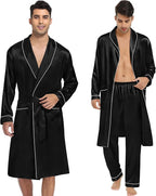 SWOMOG Men's Satin Robe 3 Pcs Silky Kimono Bathrobe Set Lightweight Soft Loungewear Nightwear