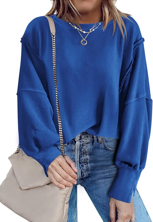 Nirovien Womens Oversized Crewneck Sweatshirt Side Slit Long Sleeve Pullover Slouchy Fit Tops