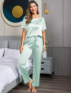 Ekouaer Womens Satin Silky Pajama Set Short Sleeve Shirt with Long Pajama Pant Set Soft PJ Loungewear