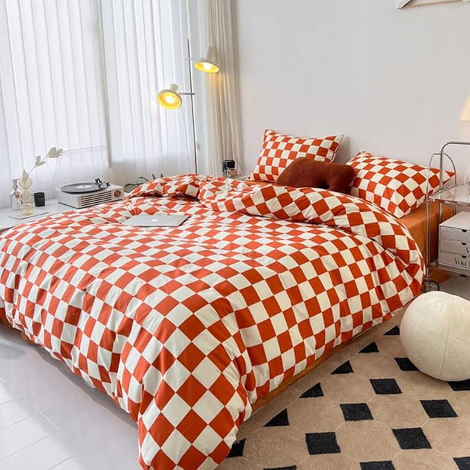 CLOTHKNOW Orange Beige Plaid Full Size Comforter Set 3Pcs Grid Bedding Comforter Sets Terracotta Checker Comforter with 2 x Pillow Cases