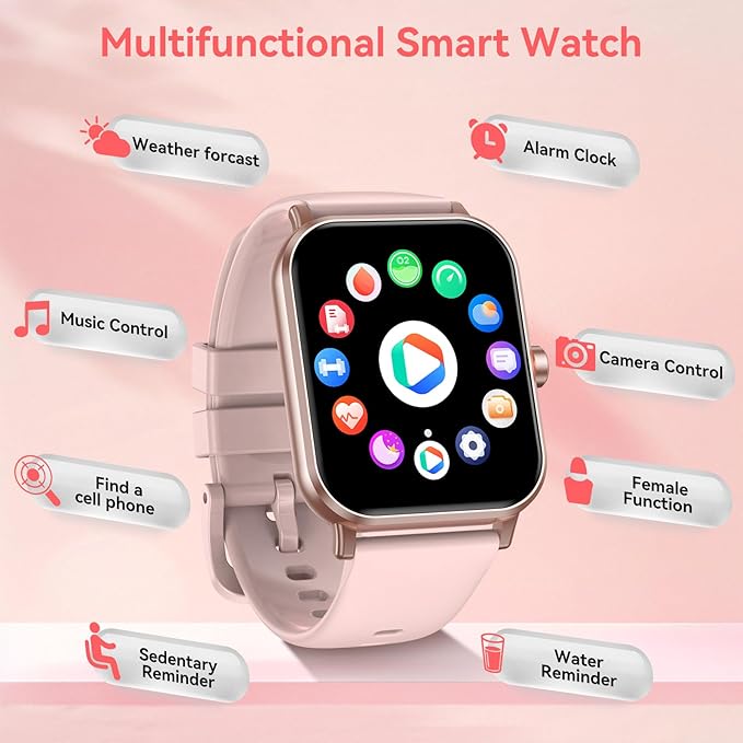 Smart Watch for Men Women, 1.85" HD Fitness Tracker with Bluetooth Calls, 5 ATM Waterproof, 130+ Sport Modes, 24/7 Heart Rate/Sleep Monitor, Pedometer, Calories, Smartwatch for Android iOS (Pink)