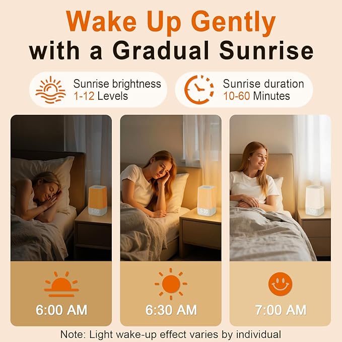 10-60 Mins Simulate Sunrise Alarm Clock: Gentle Wake Up Light with 12 Brightness, 30 Volume, Bright & Loud Enough for Heavy Sleepers - White Noise Machine with 30 Soothing Sounds, Ease of Use