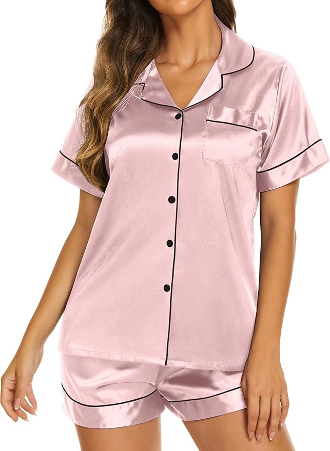 Ekouaer Silk Pajamas for Women Short Sleeve Sleepwear Soft Button Down Loungewear 2 Piece Satin Pjs Shorts Set