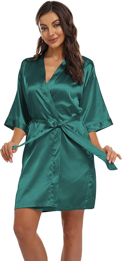 Women's Pure Short Kimono Robes Bride Bridesmaids Silky Bathrobe Lightweight Satin Sleepwear