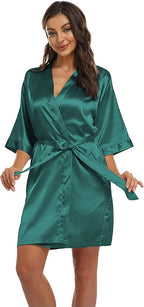 Women's Pure Short Kimono Robes Bride Bridesmaids Silky Bathrobe Lightweight Satin Sleepwear