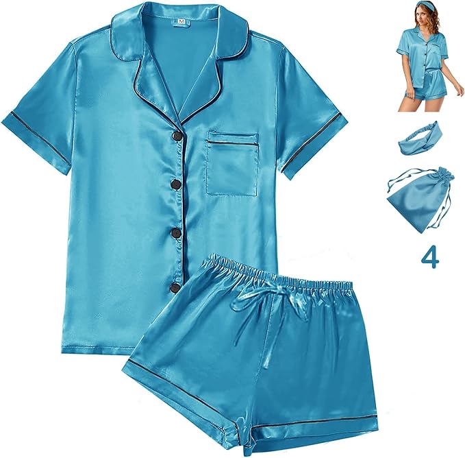 WJing Yi Jia 4Pcs Womens Satin Silky Pajama Sets Short Sleeve Shirt XS-4XL Floral Pajamas Set Soft PJ Loungewear Sleepwear