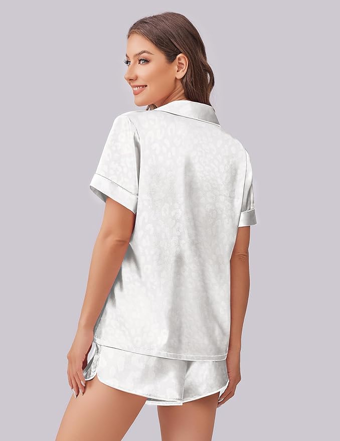 Ekouaer Womens Silk Satin Pajama Set Print Short Sleeve Sleepwear Button Down Pjs Shorts Set Loungewear
