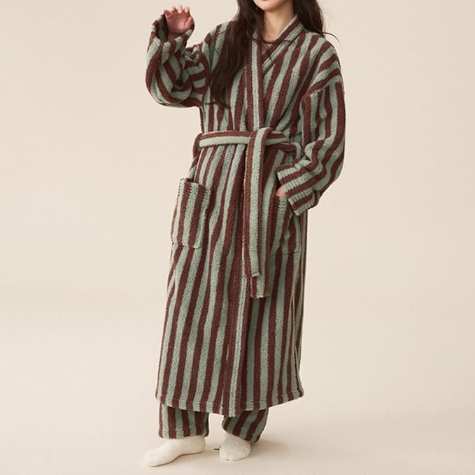 Oplxuo Women's Fuzzy Fleece Robe Long Striped Plush Bathrobe Warm Thick Fluffy Oversized Loungewear Maxi Robes with Pockets