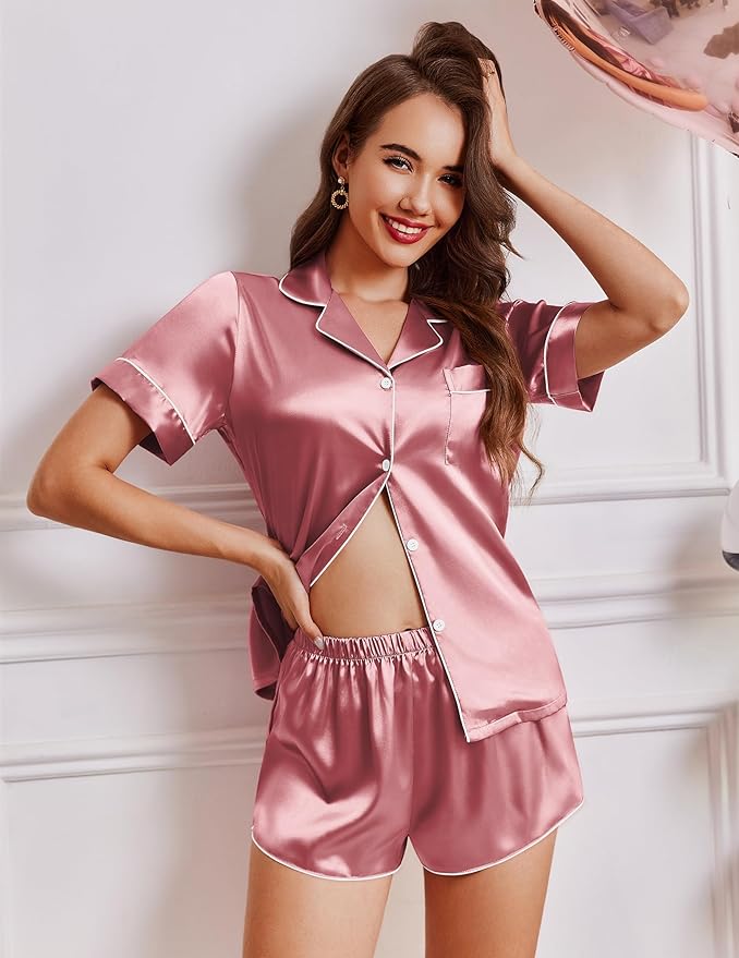 Ekouaer Womens Silk Satin Pajamas Short Sleeve PJS Shorts Set Soft Button Down Sleepwear 2 Piece Loungewear S-5XL