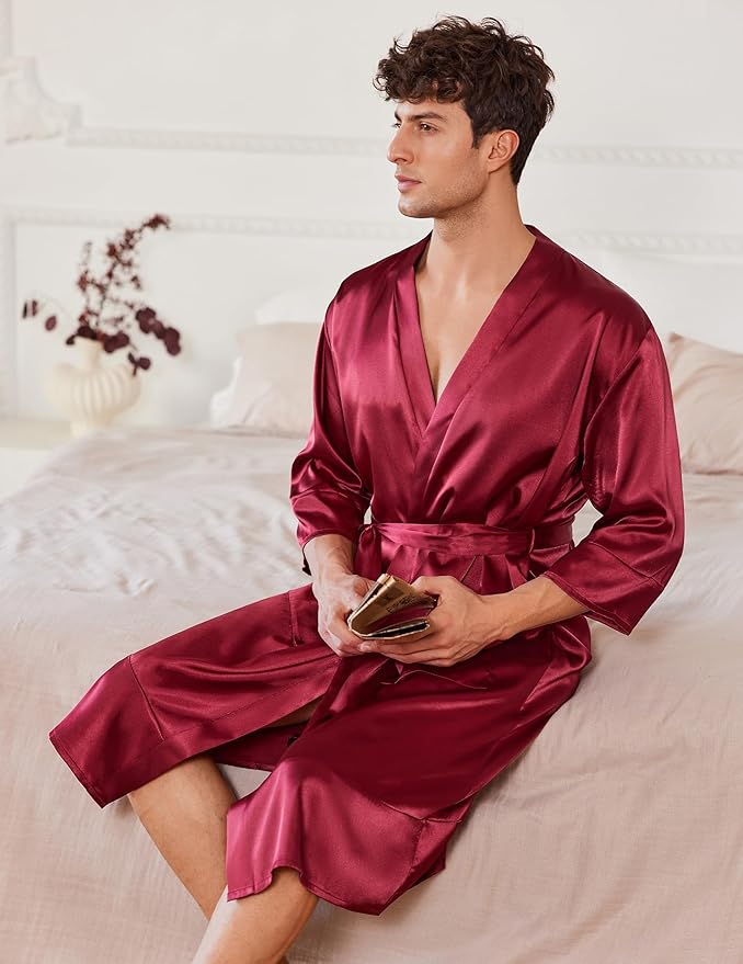 Ekouaer Mens Satin Robe Lightweight Silky Kimono Bathrobe 3/4 Sleeve Spa Knee Length Loungewear with Pockets S-3XL