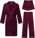 SWOMOG Men's Satin Robe 3 Pcs Silky Kimono Bathrobe Set Lightweight Soft Loungewear Nightwear