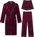 SWOMOG Men's Satin Robe 3 Pcs Silky Kimono Bathrobe Set Lightweight Soft Loungewear Nightwear
