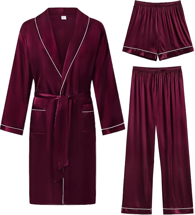 SWOMOG Men's Satin Robe 3 Pcs Silky Kimono Bathrobe Set Lightweight Soft Loungewear Nightwear