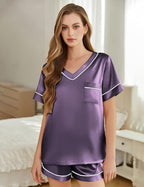 Silk Pajamas for Women Short Sleeve Satin 2 Piece Pj Set Soft V Neck Sleepwear Loungewear, S-XXL