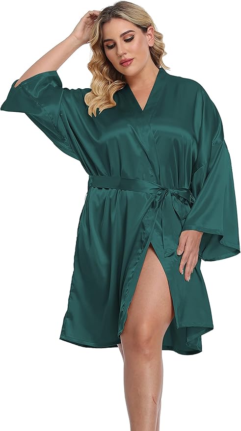 Women's Plus Size Short Silky Bathrobes Satin Kimono Robes Bride Bridesmaid Loungewear Soft Nightgown