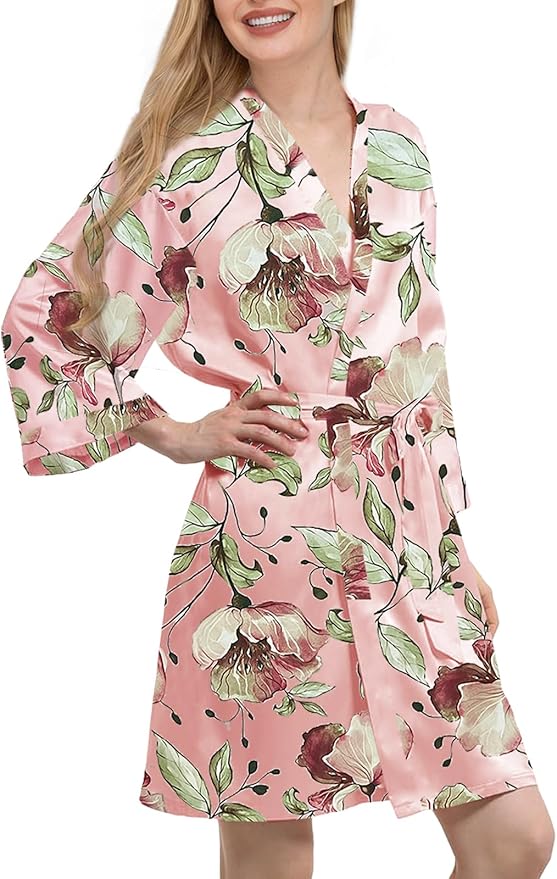 WJing Yi Jia Womens Satin Kimono Robe Silky Robes Floral Bathrobe Bride Bridesmaid Wedding Bridal Dressing Gown Loungewear