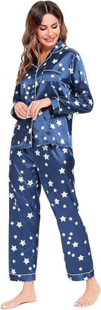 SWOMOG Womens Silk Satin Pajamas Set Long Sleeve Button Down Sleepwear 2 Piece Lounge Set Pj Set XS-3XL