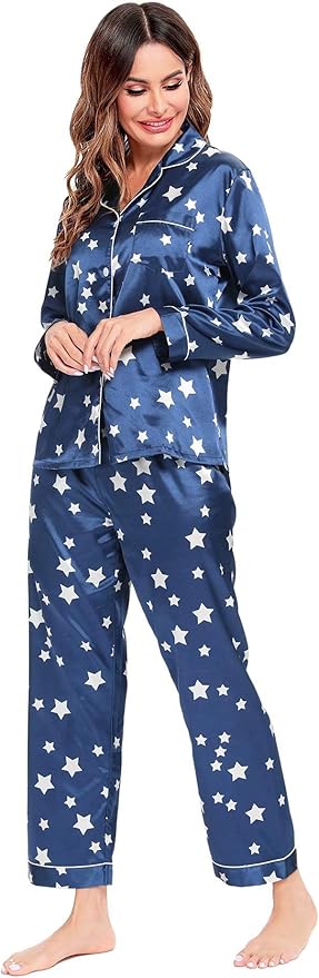 SWOMOG Womens Silk Satin Pajamas Set Long Sleeve Button Down Sleepwear 2 Piece Lounge Set Pj Set XS-3XL