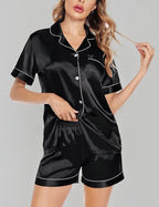 SWOMOG Satin Matching Pajamas Sets Couple Silk Button Down Nightwear Women & Men Short Sleeve Sleepwear 2 Pieces Loungewear