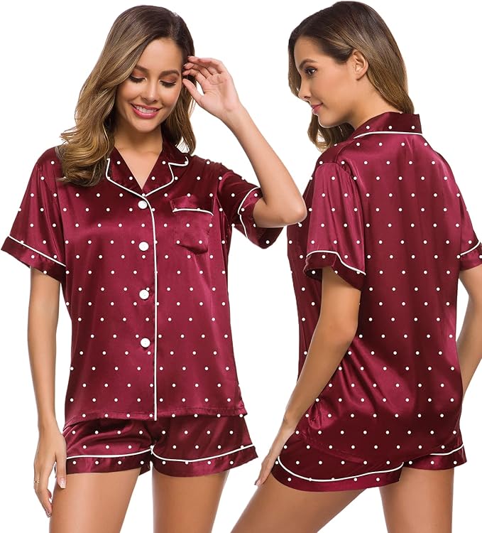 SWOMOG Womens Silk Satin Pajamas Set Short Sleeve Sleepwear Button Down Top and Shorts Loungewear 2 Piece Pjs Set XS-3XL