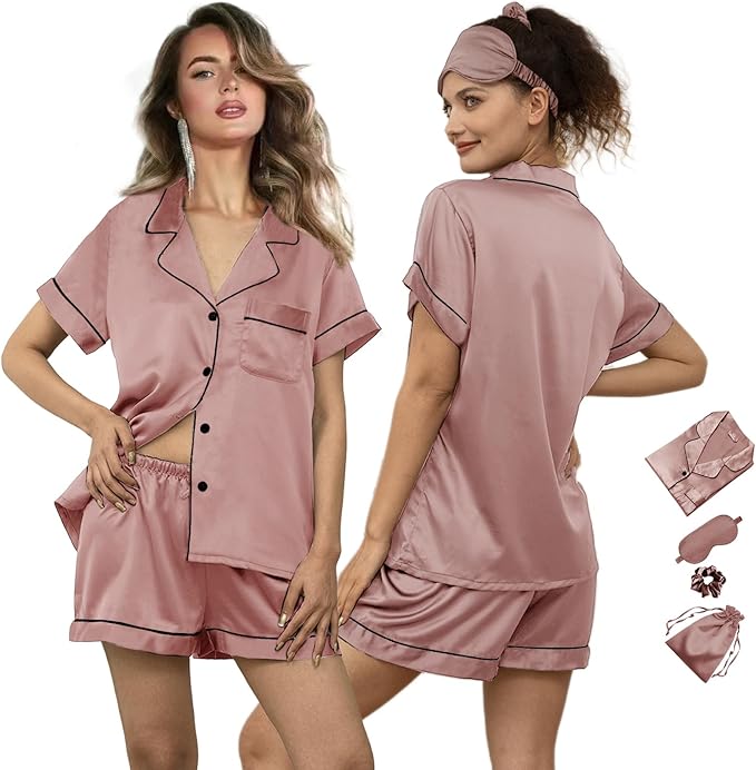 WJing Yi Jia 5Pcs Womens Soft Satin Pajama Set XS-4XL Button-Down Silk Pajamas Floral Sleepwear Bridal Pjs Lounge Pj Sets