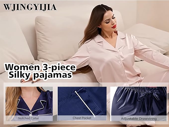WJing Yi Jia 3Pcs Satin Pajama Sets For Women XS-3XL Womens Silk Pajamas Set Silky Sleepwear Nigtwear Loungewear Long Pj Set